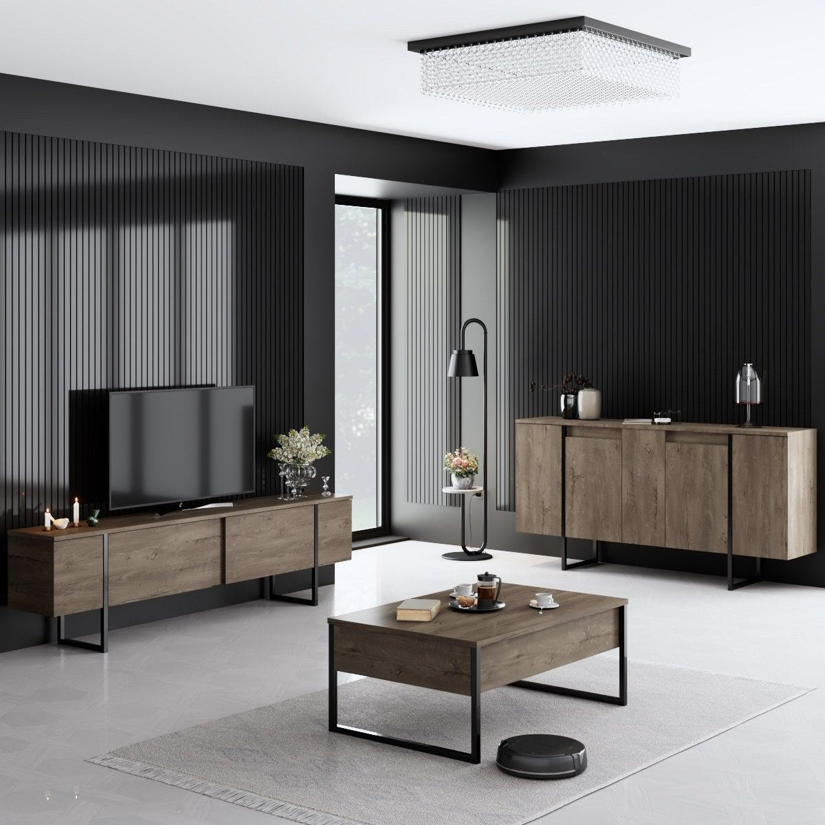 Furniture set Walnut Luxe - Coffee table + TV cabinet + sideboard - Black frame