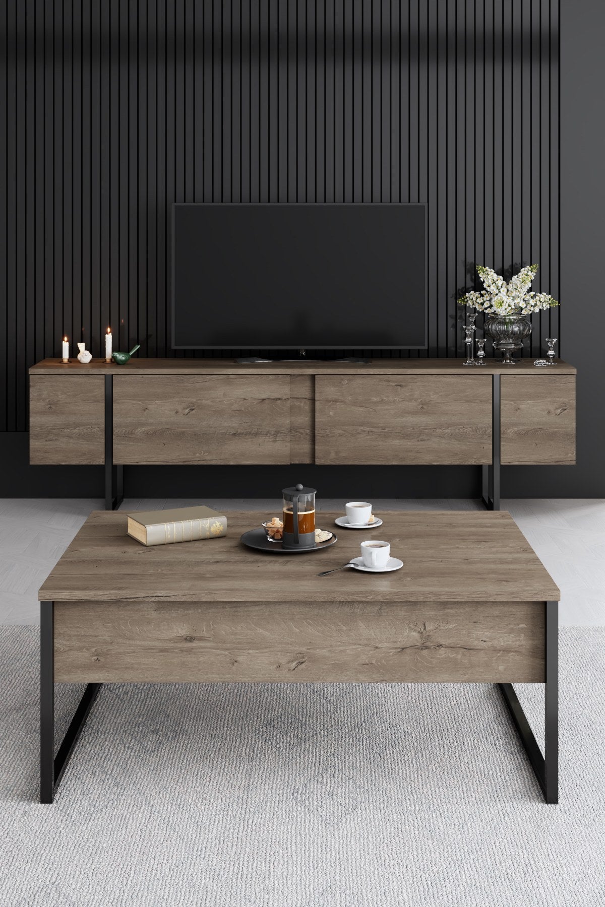 Furniture set Walnut Luxe - Coffee table + TV cabinet + sideboard - Black frame