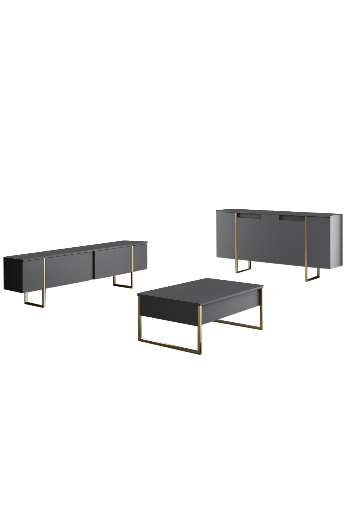 Furniture Set Anthracite Luxe - Coffee Table + TV Cabinet + Dresser - Gold Frame