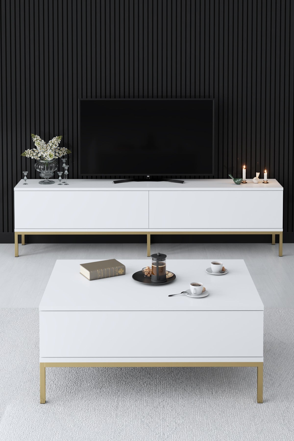 Furniture Set White Lord - Coffee Table + TV Cabinet + Sideboard - Gold Frame