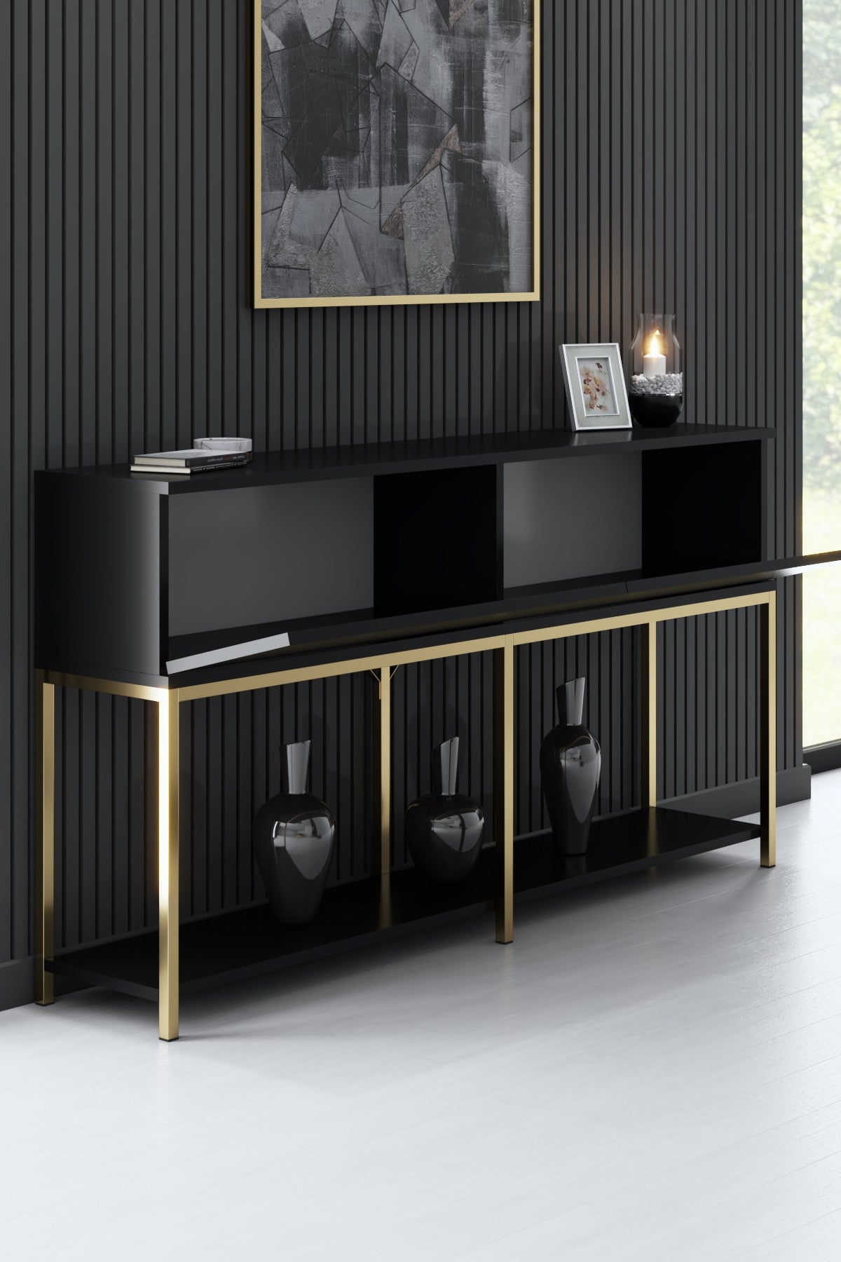 Modern Dresser Black Lord 150x30x80 - Golden Frame - Two Compartments