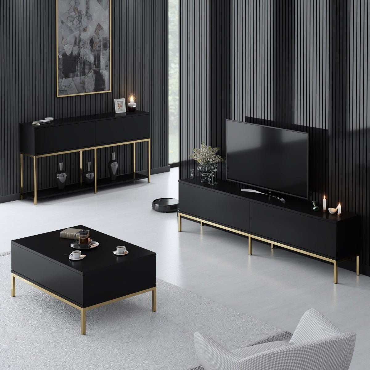 Furniture Set Black Lord - Coffee Table + TV Cabinet + Dresser - Golden Frame
