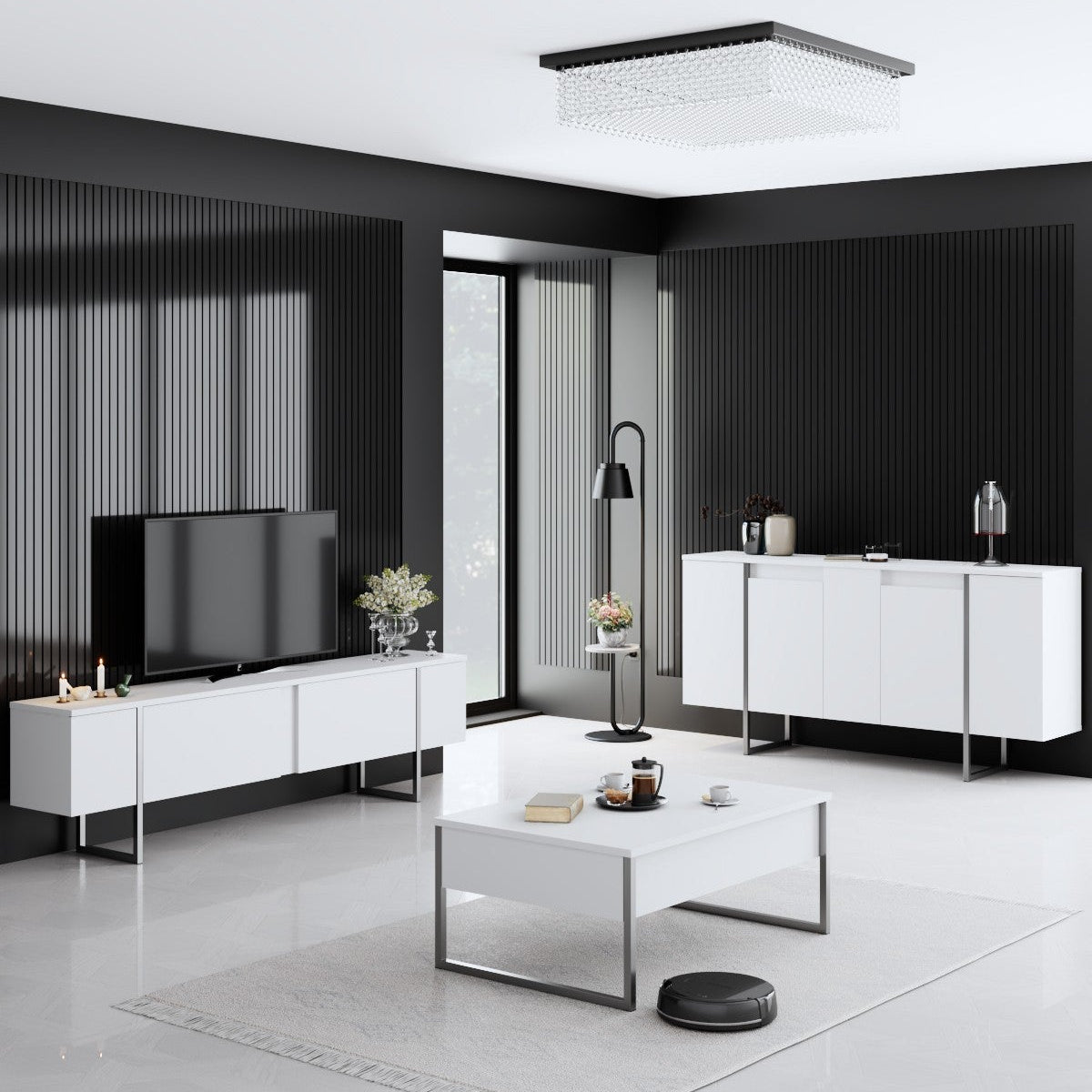 Furniture Set White Luxury - Coffee Table + TV Cabinet + Dresser Luxury - Silver Frame