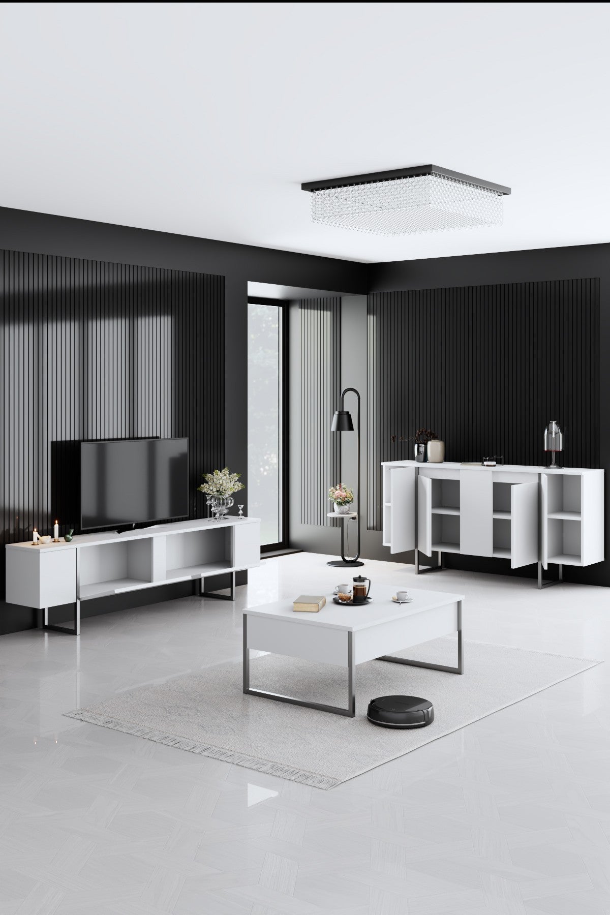 Furniture Set White Luxury - Coffee Table + TV Cabinet + Dresser Luxury - Silver Frame