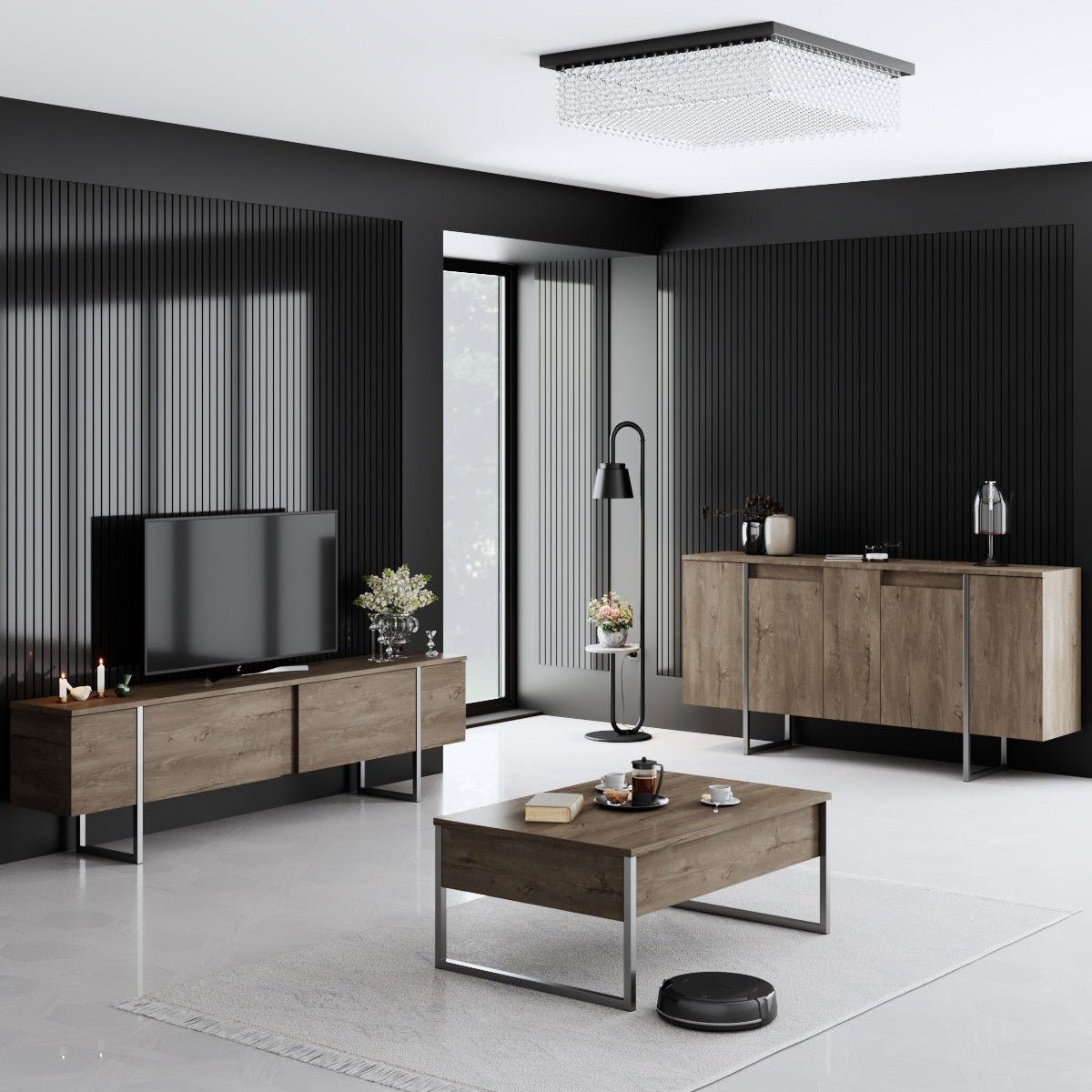 Furniture Set Walnut Luxe - Coffee table + TV cabinet + sideboard - Silver frame