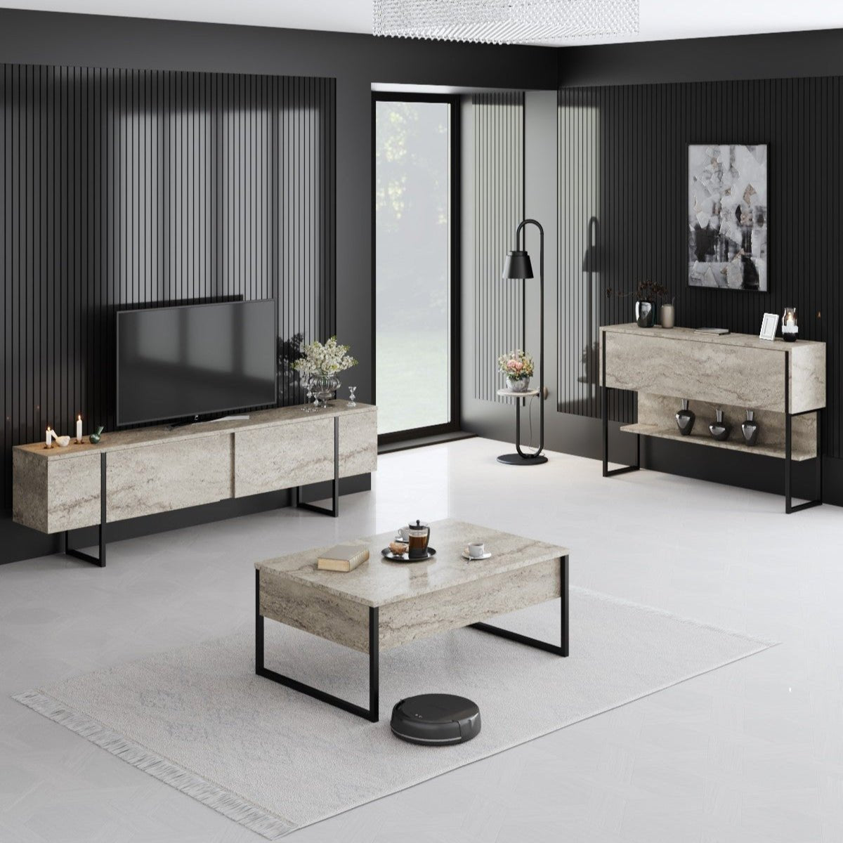 Meubelsets - Meubelset Travertin Luxe - Salontafel + TV Meubel + Dressoir Luxe - Zwart Frame - Dimehouse