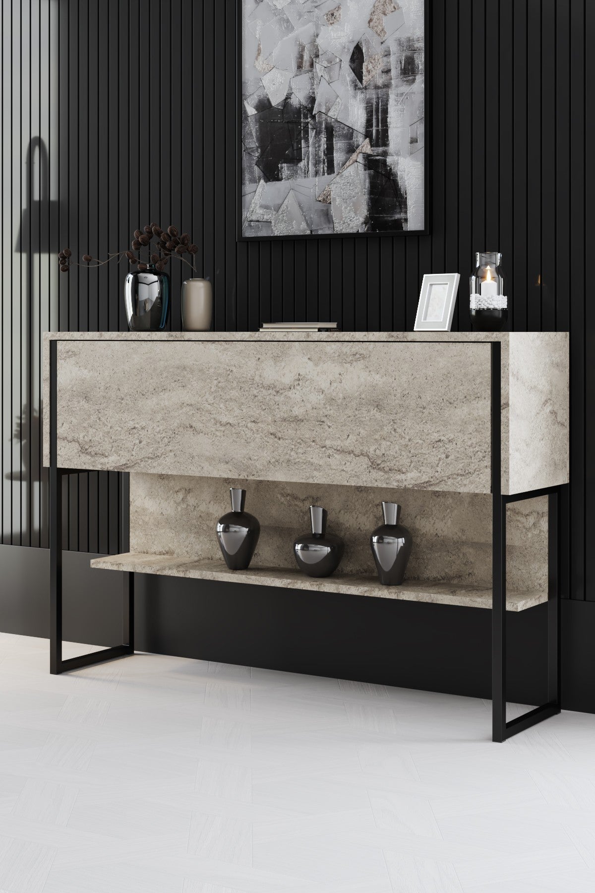Meubelsets - Meubelset Travertin Luxe - Salontafel + TV Meubel + Dressoir Luxe - Zwart Frame - Dimehouse