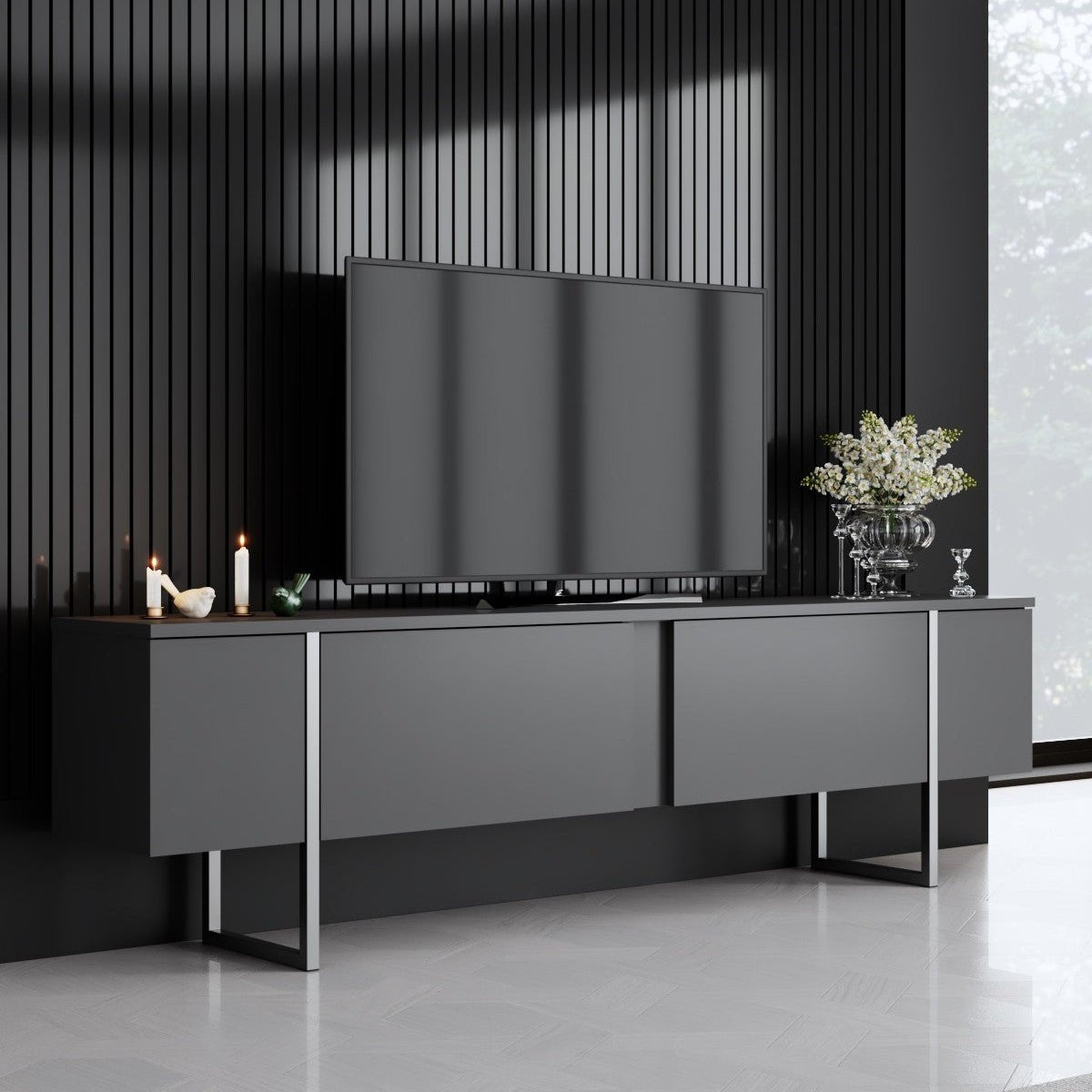 TV Cabinet Anthracite Luxe 180x50x30 - Silver Frame