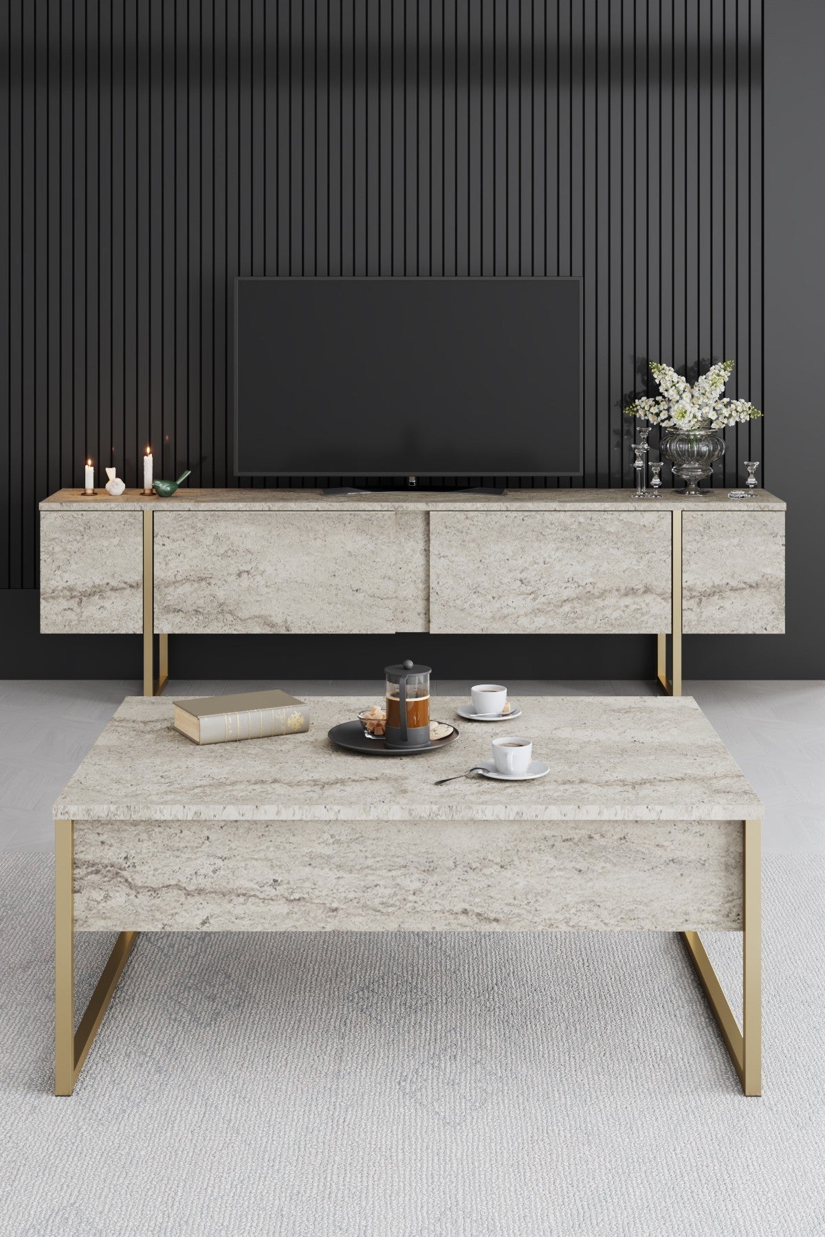 TV cabinet Travertine Luxe 180x50x30 - Gold frame