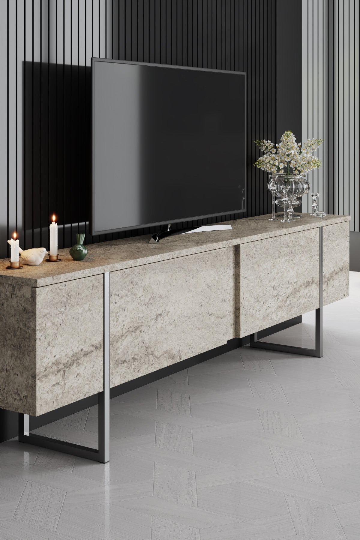 TV cabinet Travertine Luxe 180x50x30 - Silver frame