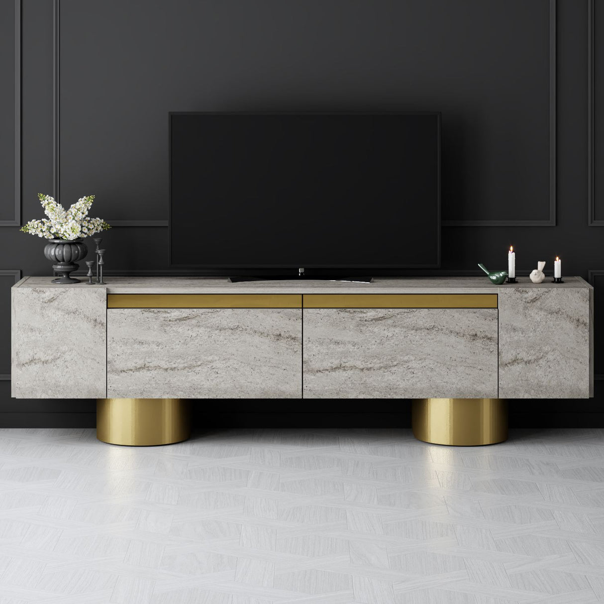 TV cabinet Travertine Bohem 180x50x30 - Golden frame