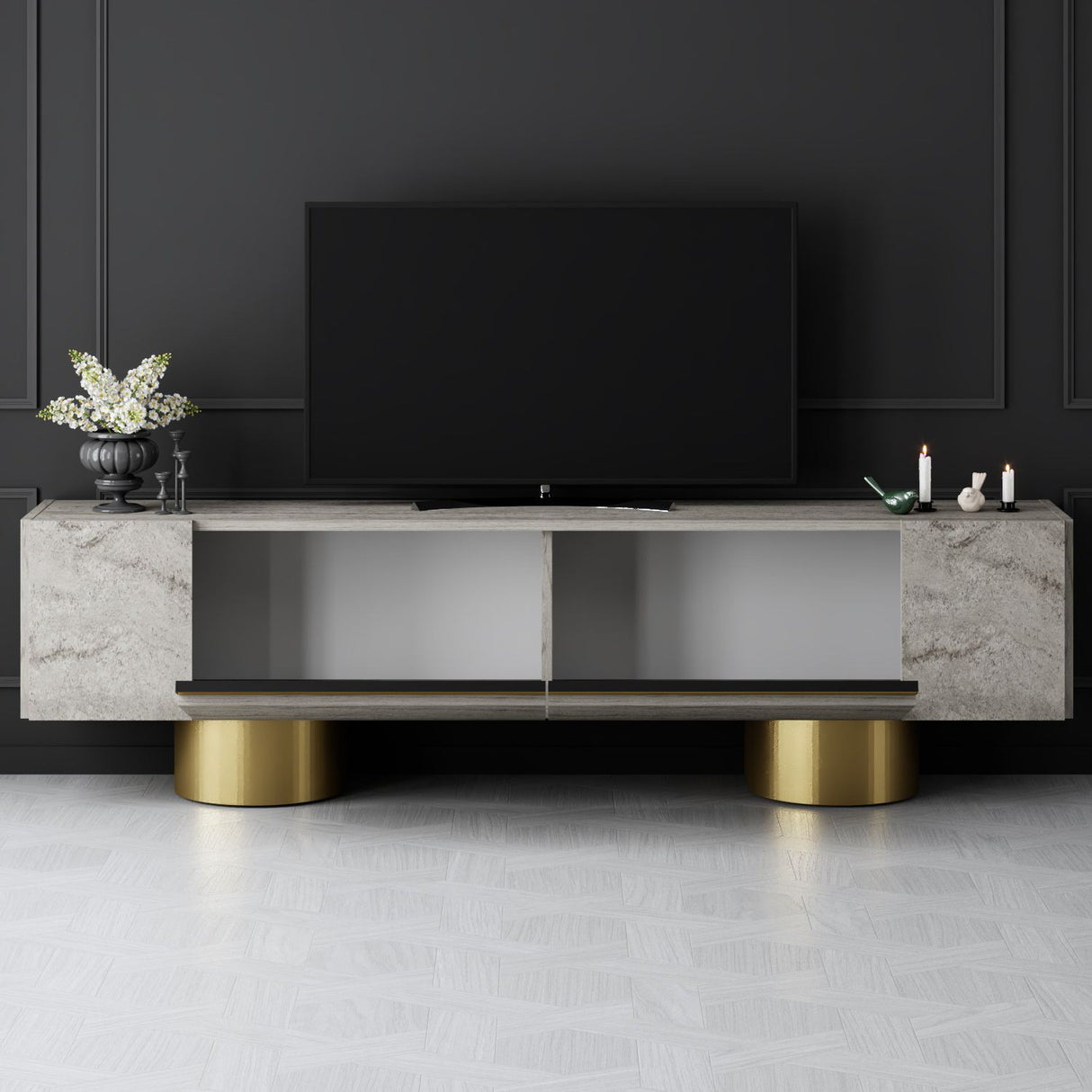 TV cabinet Travertine Bohem 180x50x30 - Golden frame