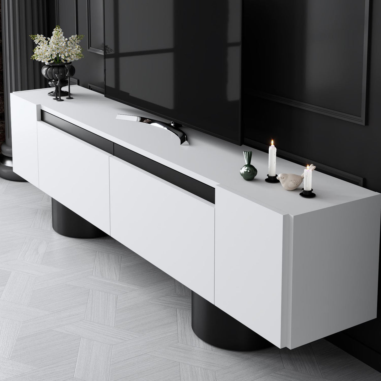 TV cabinet White Bohem 180x50x30 - Black frame