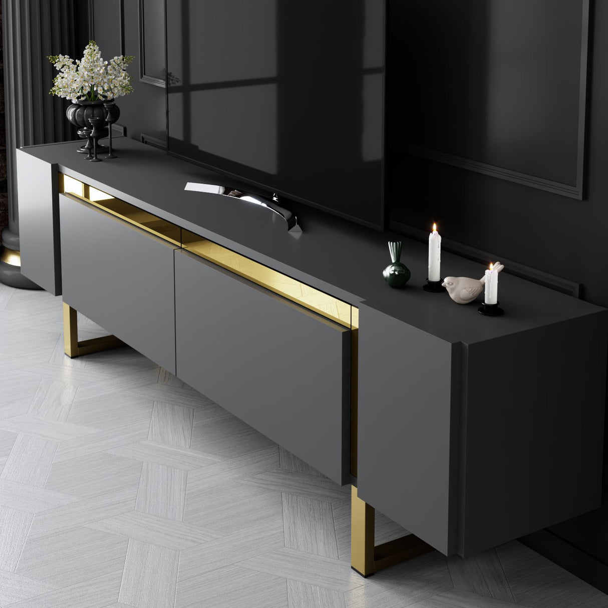 TV Cabinet Anthracite Yildiz 180x50x30 - Golden Frame