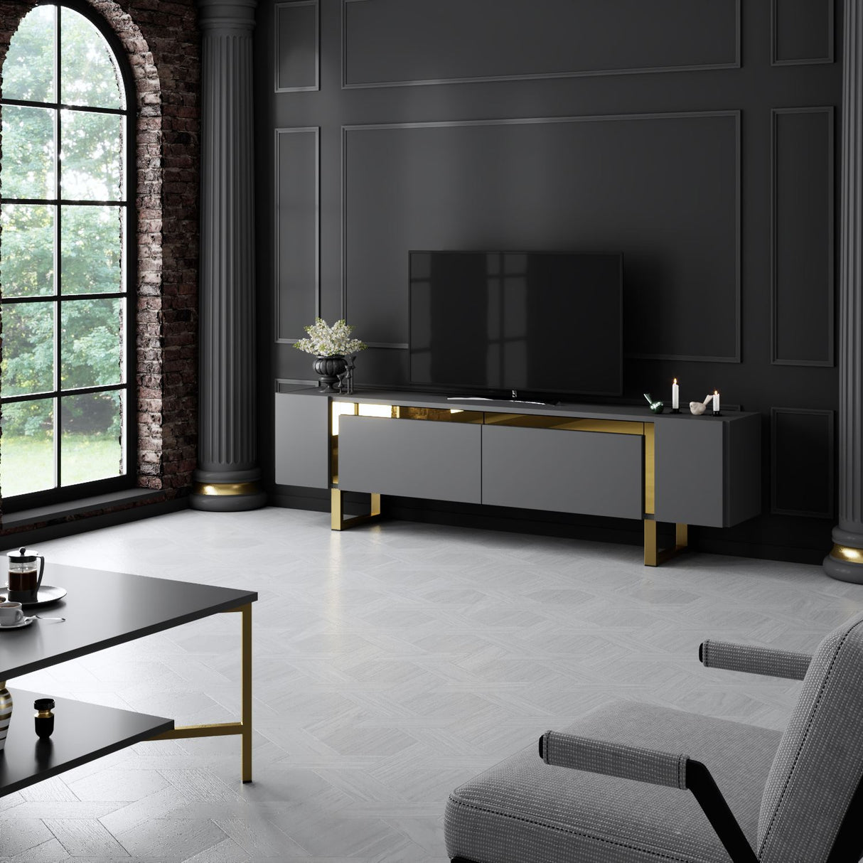 TV Cabinet Anthracite Yildiz 180x50x30 - Golden Frame