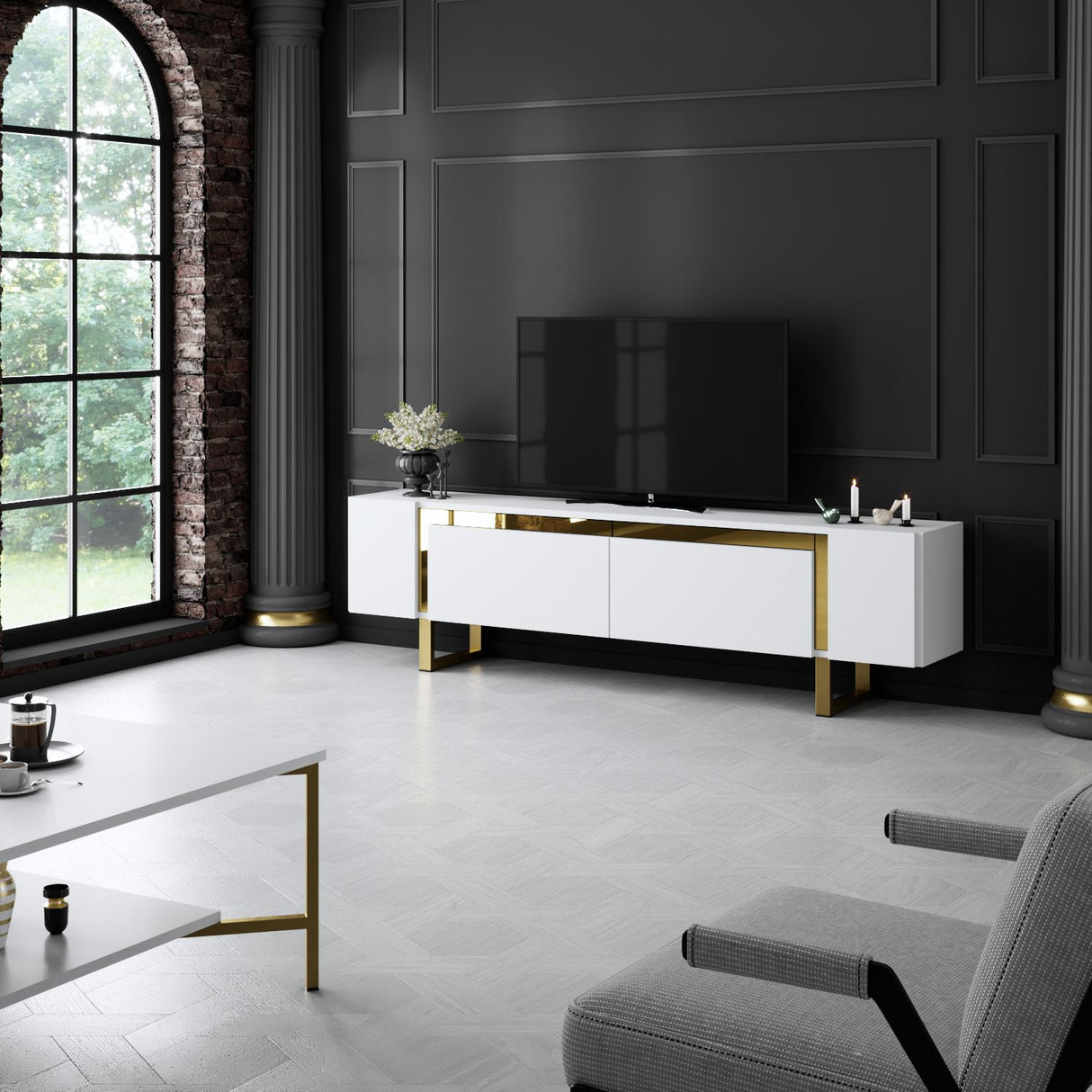 TV Cabinet White Yildiz 180x50x30 - Gold Frame