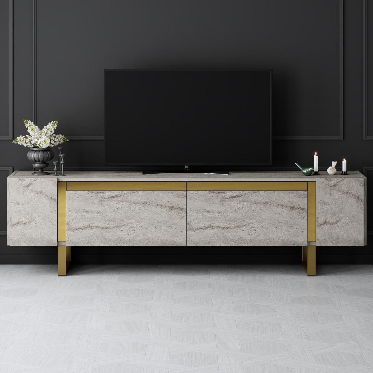 TV Cabinet Travertine Yildiz 180x50x30 - Gold Frame