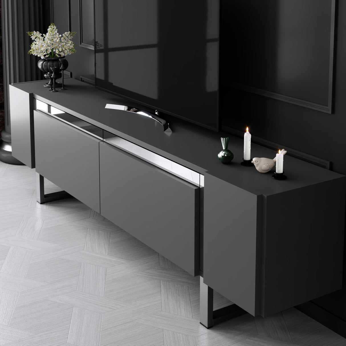 TV Cabinet Anthracite Yildiz 180x50x30 - Silver Frame