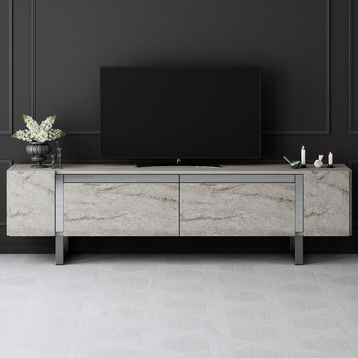 TV Cabinet Travertine Yildiz 180x50x30 - Silver Frame