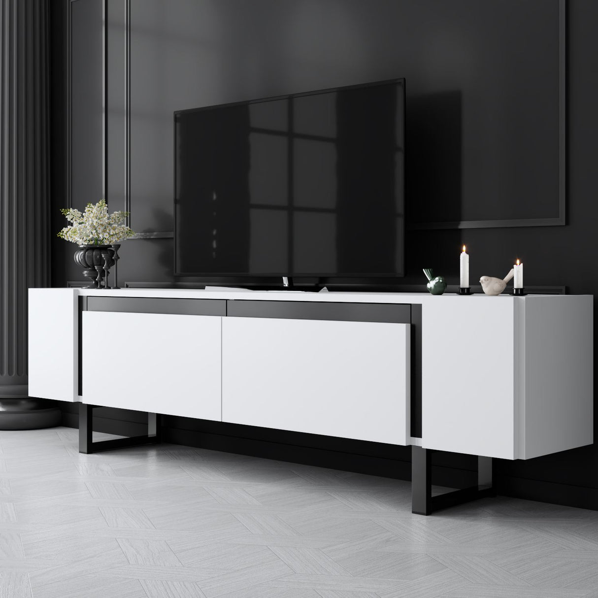 TV Cabinet White Yildiz 180x50x30 - Black Frame