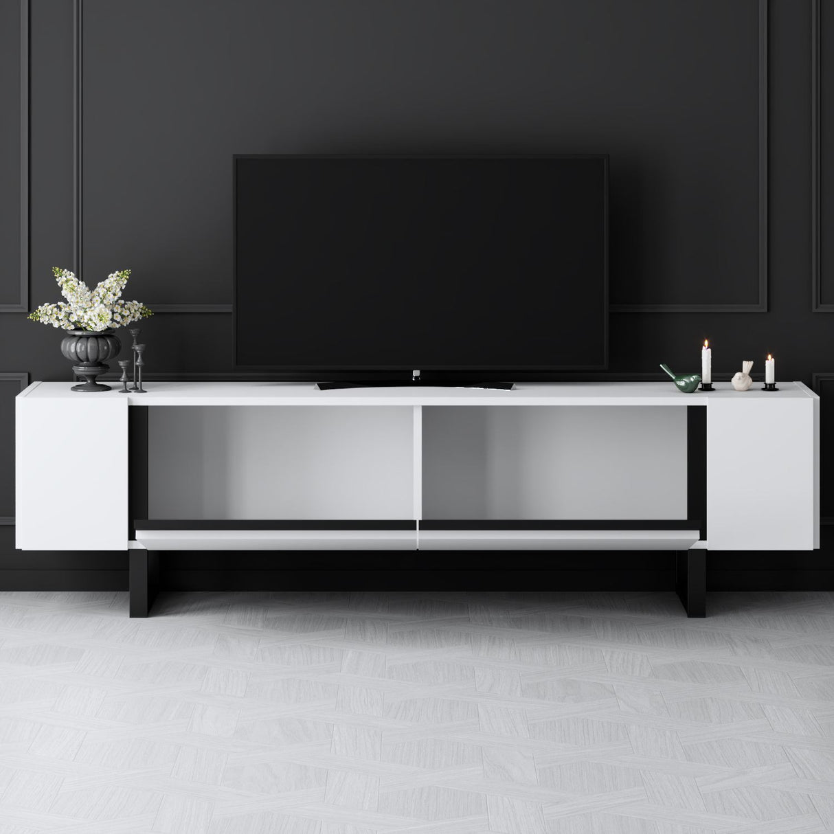 TV Cabinet White Yildiz 180x50x30 - Black Frame