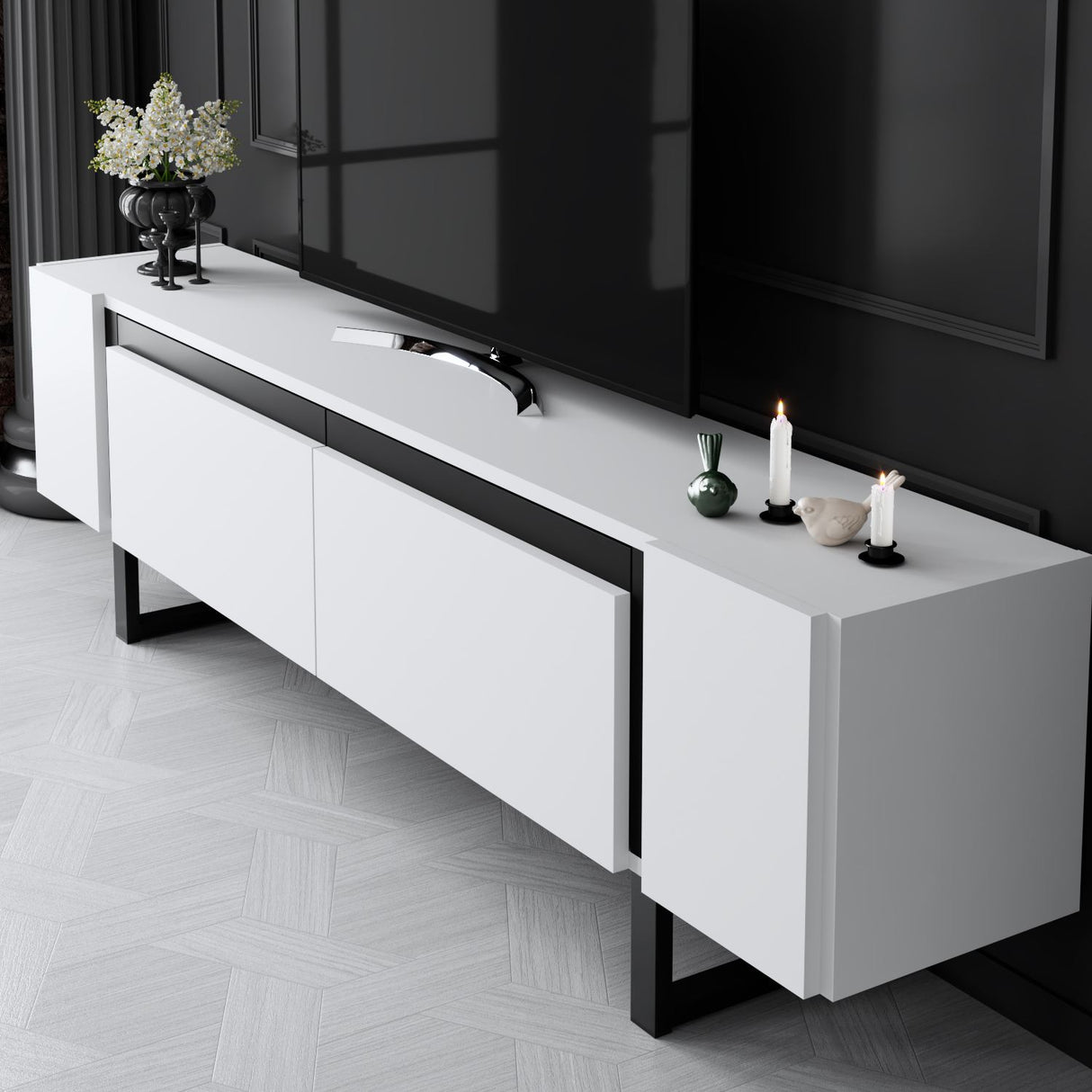 TV Cabinet White Yildiz 180x50x30 - Black Frame