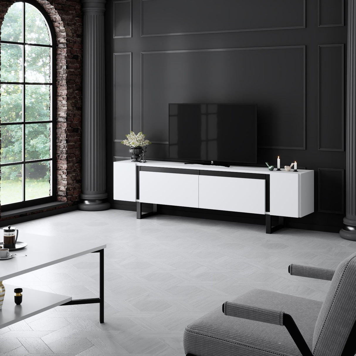 TV Cabinet White Yildiz 180x50x30 - Black Frame