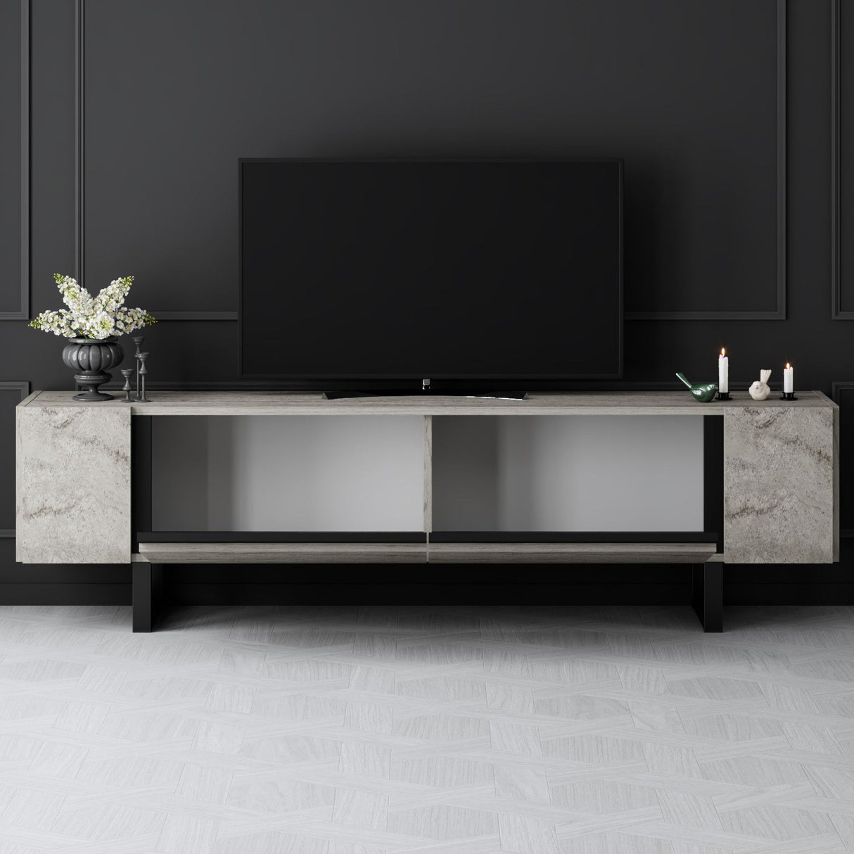 TV Cabinet Travertine Yildiz 180x50x30 - Black Frame
