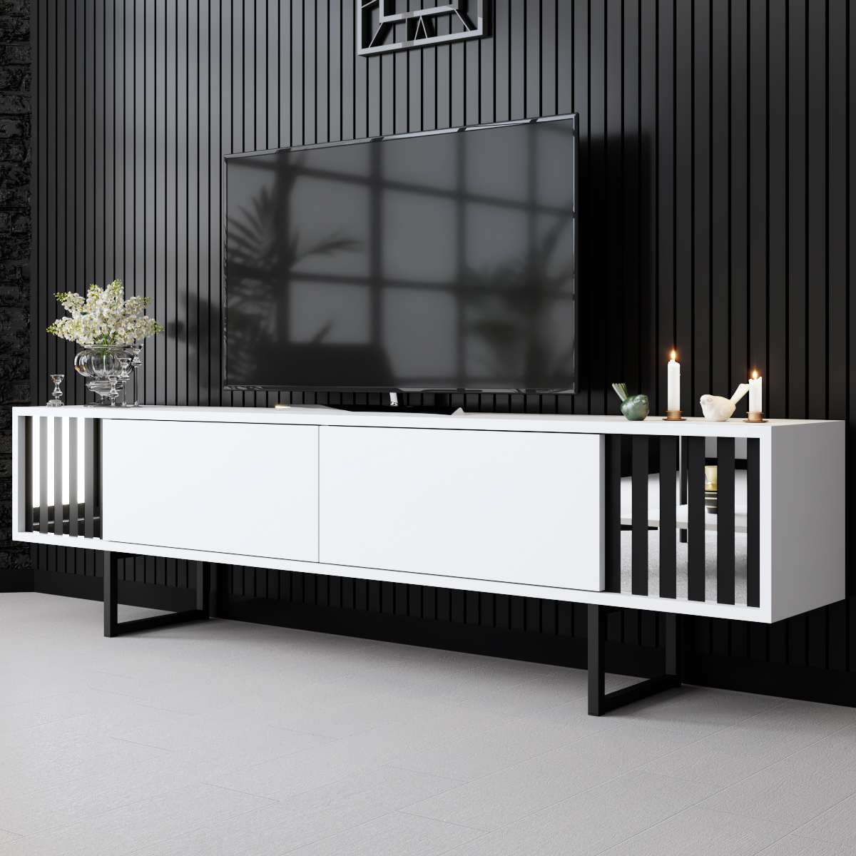 TV cabinet White Chrome Line 180x48x30 - Black frame