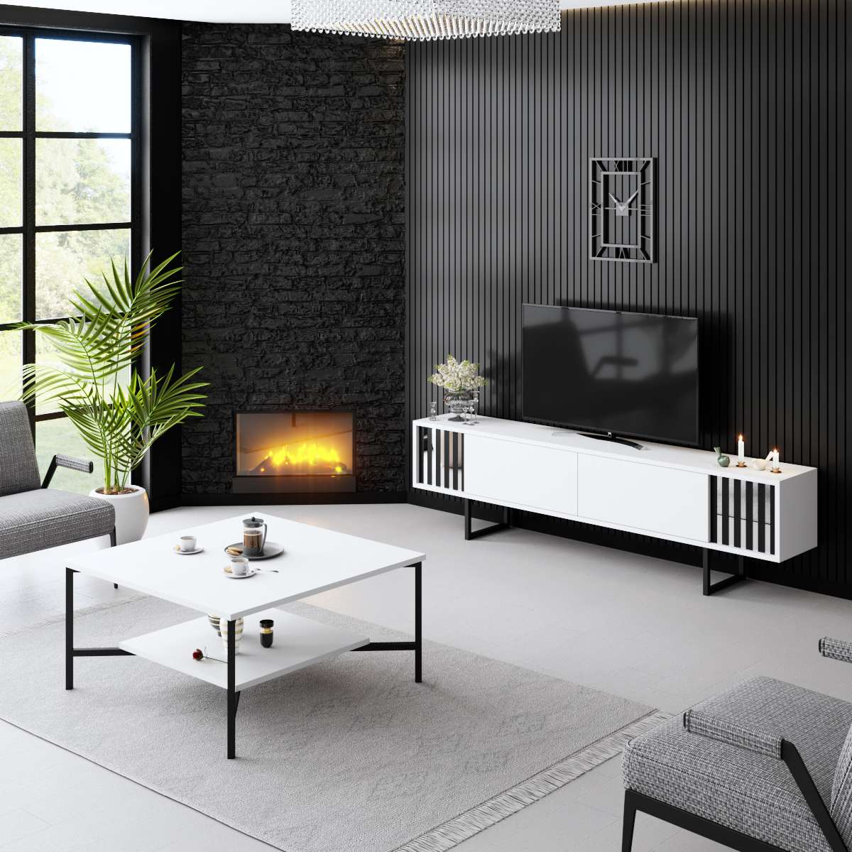 TV cabinet White Chrome Line 180x48x30 - Black frame