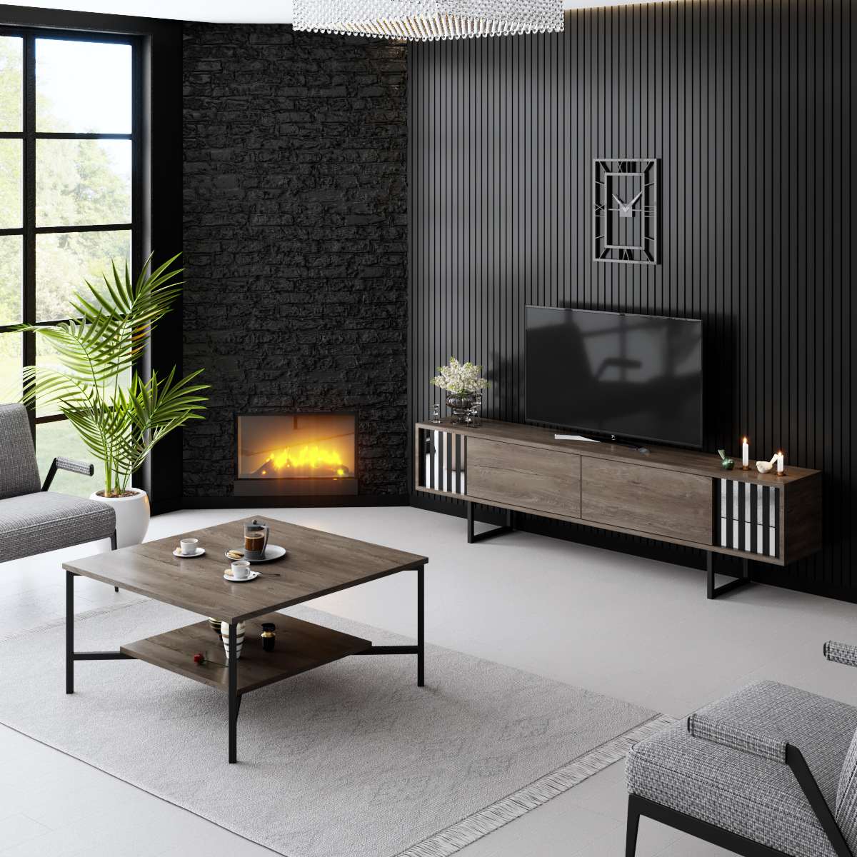 TV cabinet Walnut Chrome Line 180x48x30 - Black frame