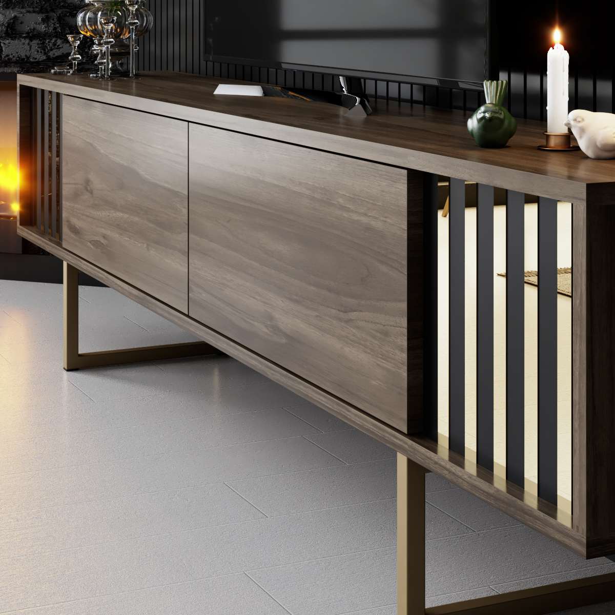 TV Furniture Walnut Gold Line 180x48x30 - Gold Frame