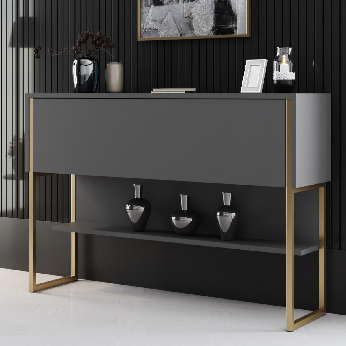 Modern Sideboard Anthracite Luxury 120x80x30 - Golden Frame - One Compartment