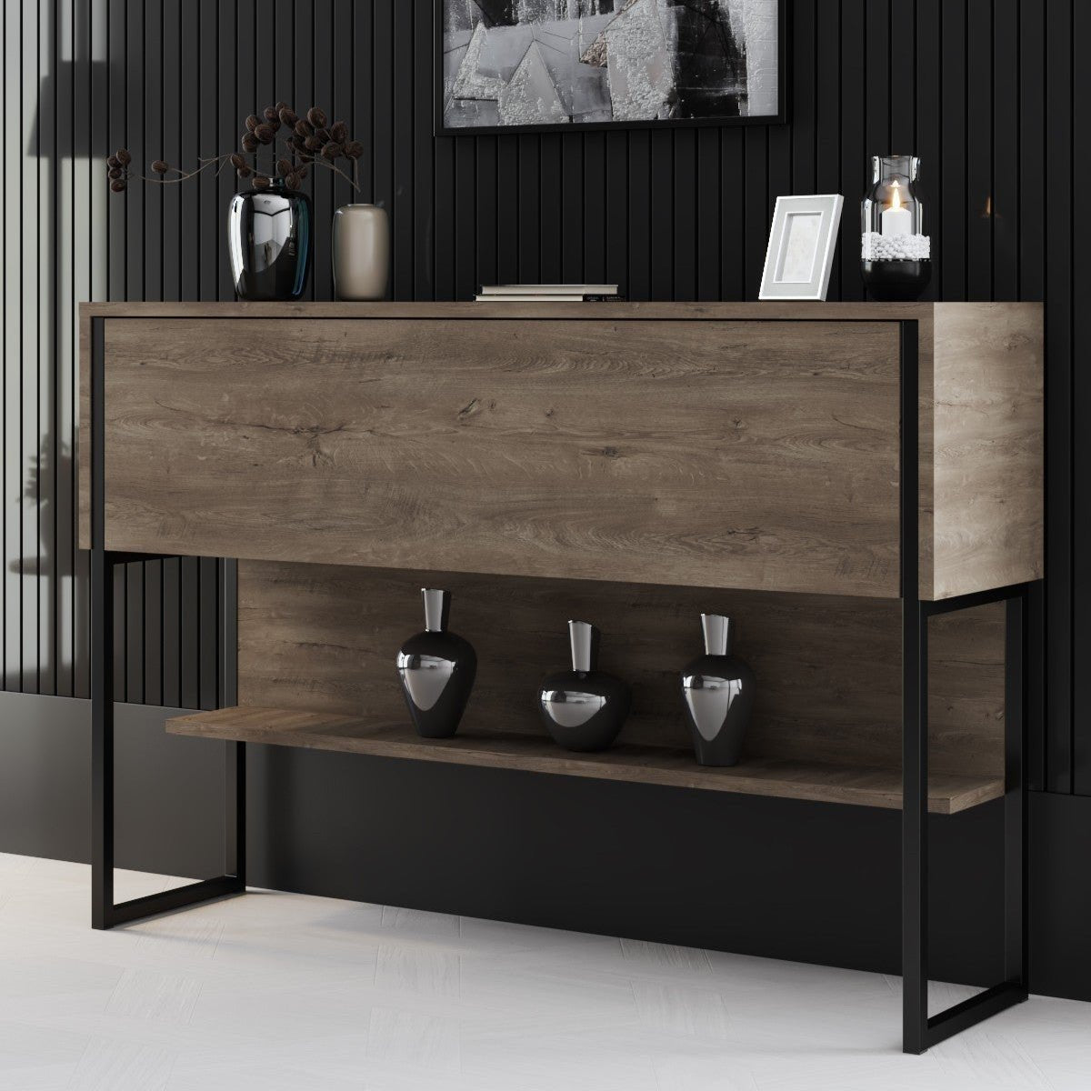 Modern Walnut Sideboard Luxury 120x80x30 - Black Frame - One Compartment