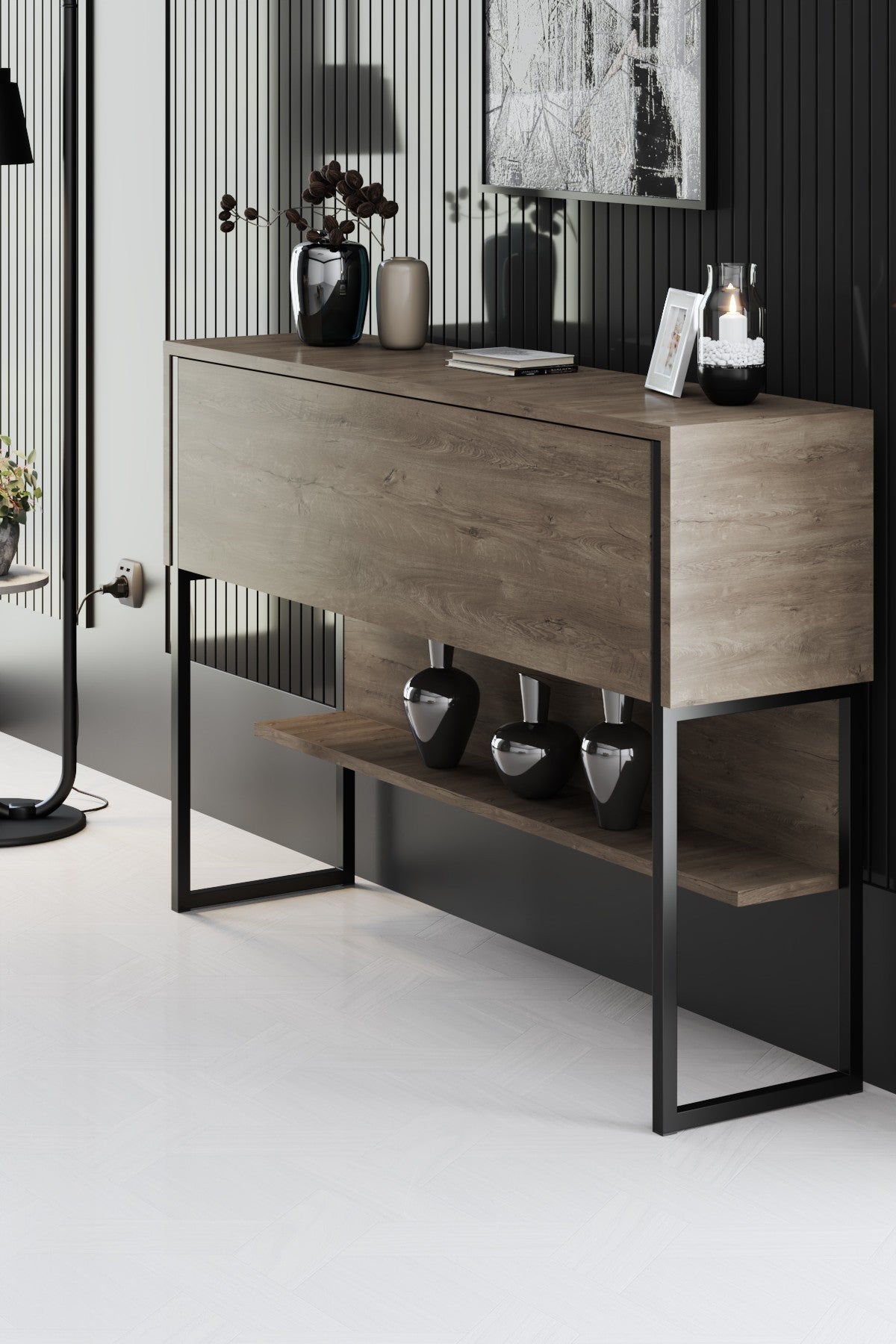 Modern Walnut Sideboard Luxury 120x80x30 - Black Frame - One Compartment