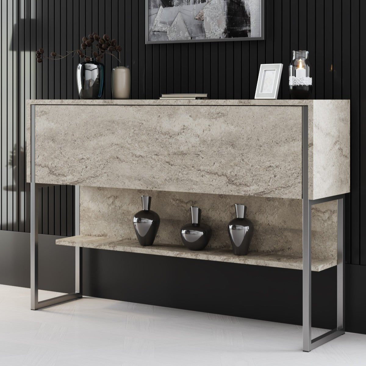 Modern Sideboard Travertine Luxury 120x80x30 - Silver Frame - One Compartment