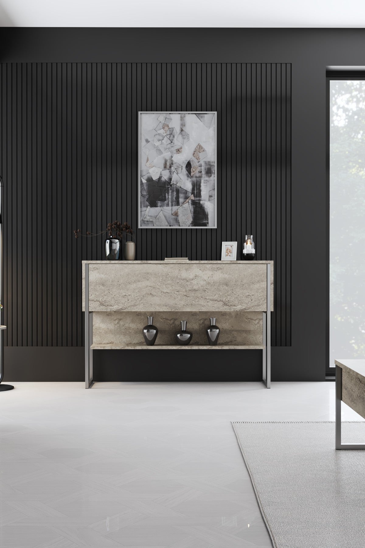 Modern Sideboard Travertine Luxury 120x80x30 - Silver Frame - One Compartment