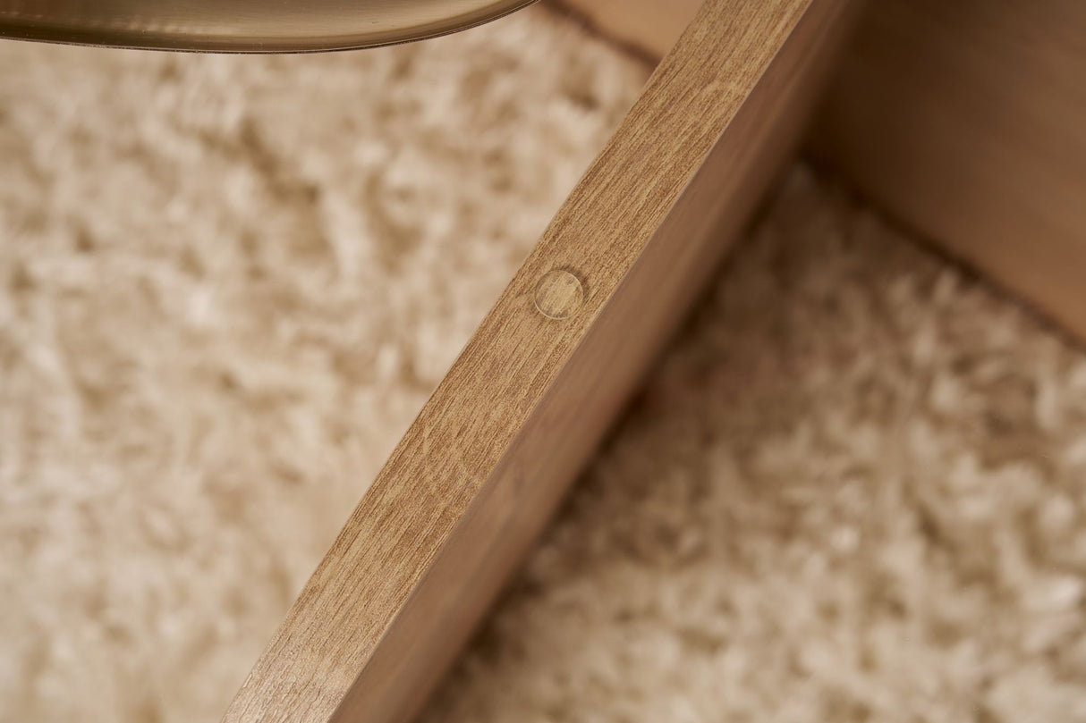 Round coffee table Aris oak look melamine and transparent glass 75 cm