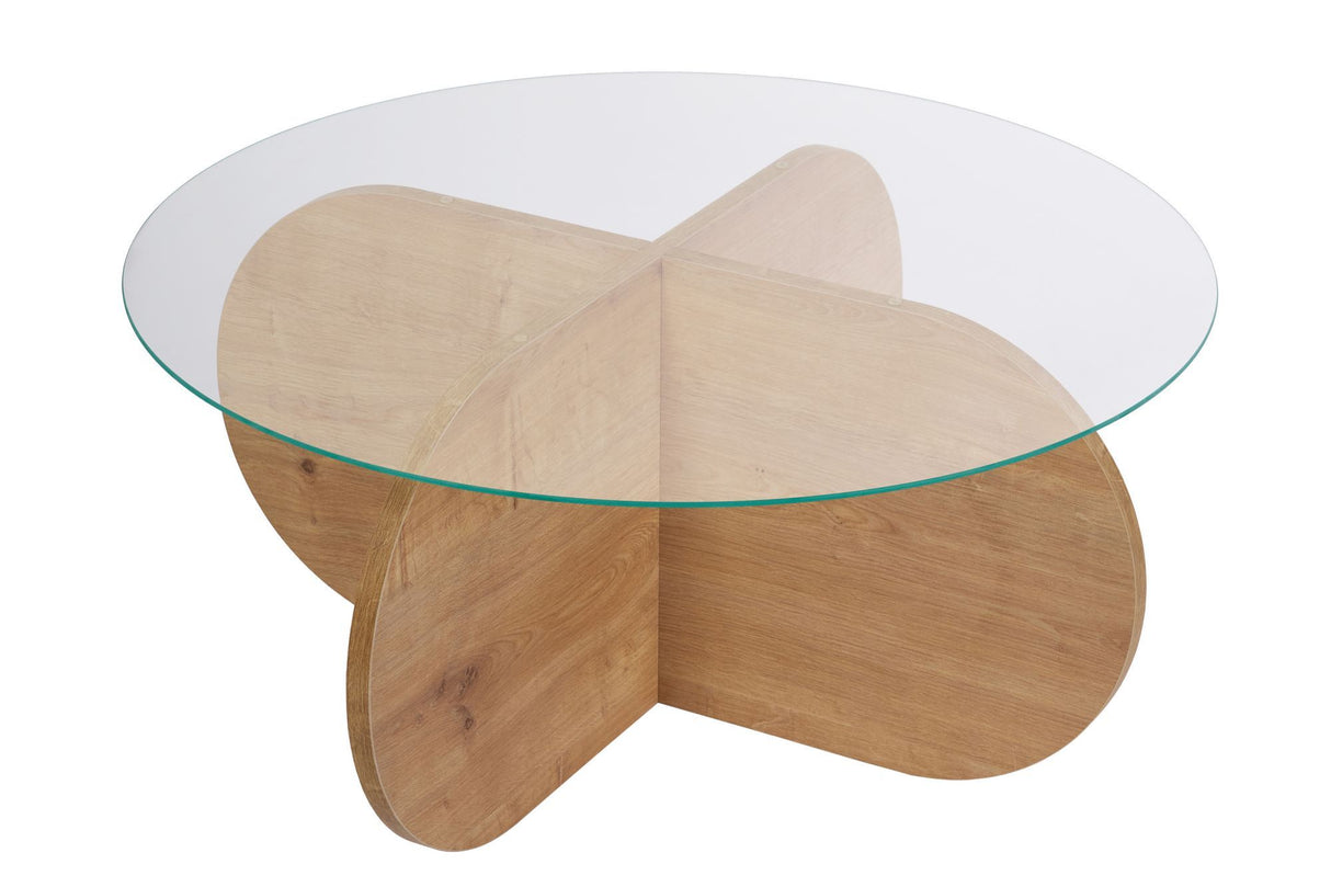 Round coffee table Aris oak look melamine and transparent glass 75 cm