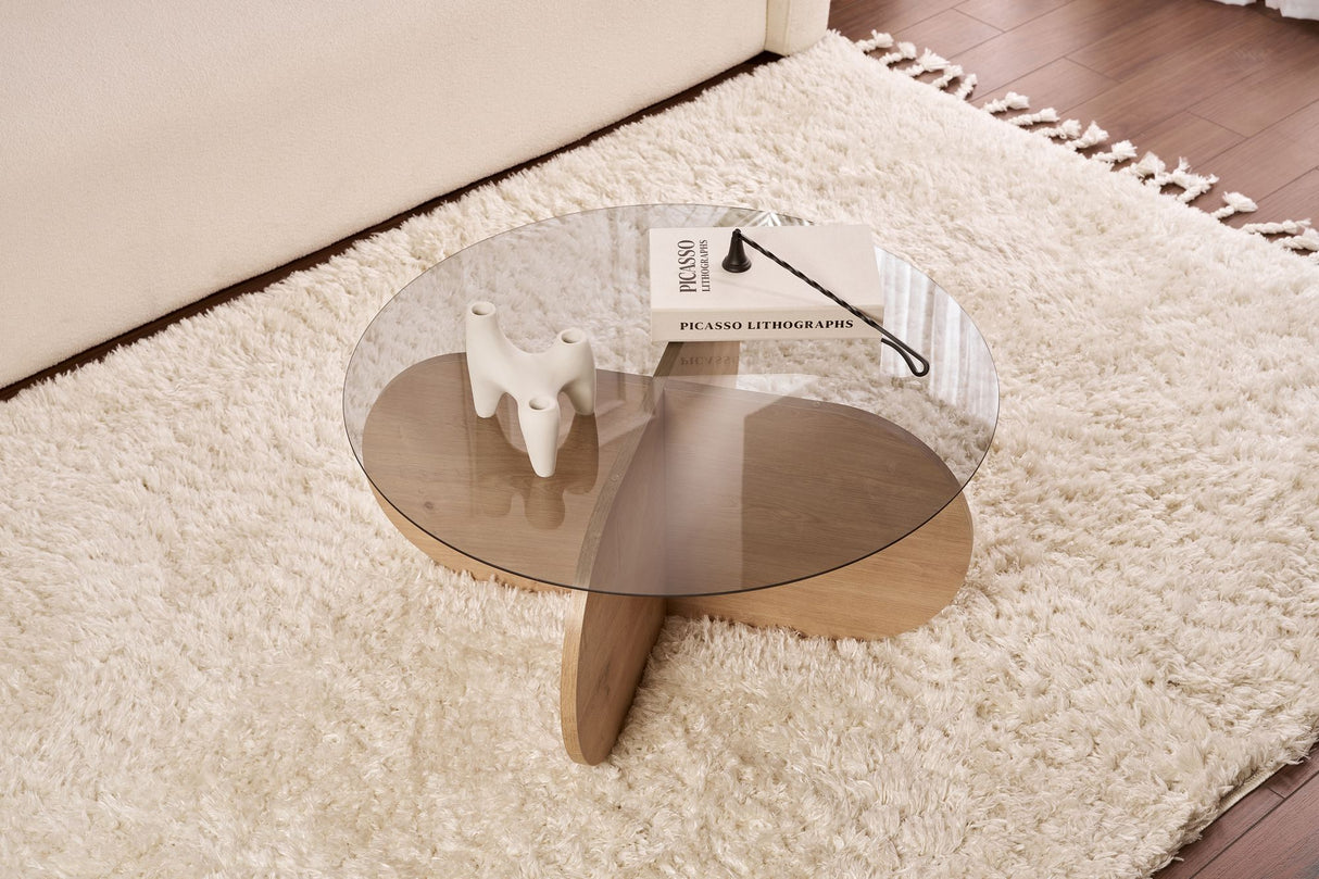 Aris Round Coffee Table 75 cm Tinted Glass - Melamine Oak