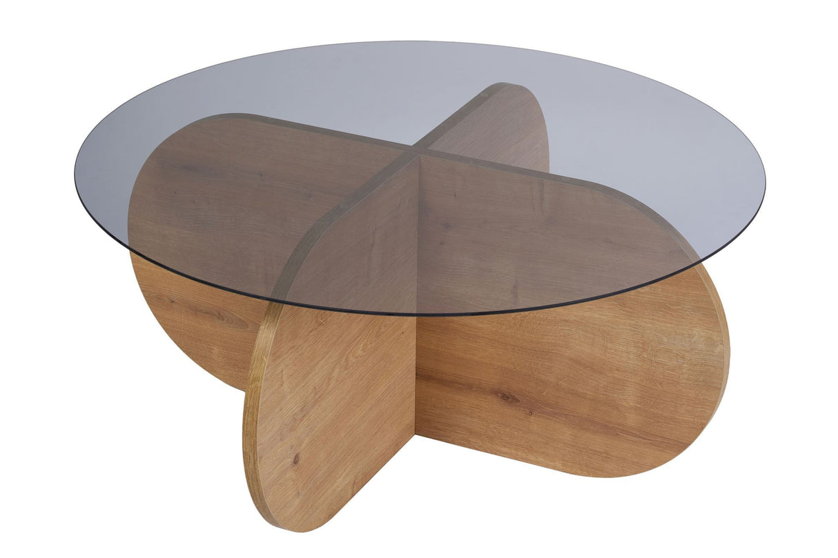 Salontafels - Ronde salontafel Aris eiken look melamine en rookglas 75 cm - Dimehouse