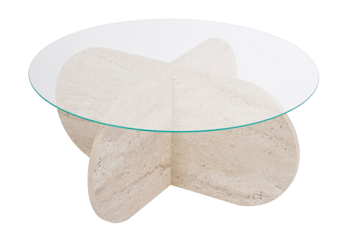 Round coffee table Aris travertine melamine and transparent glass 75 cm