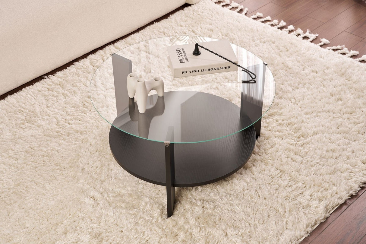 Cairo Coffee Table Round Ø75 cm Black Wood - Smoke Glass 75x75 cm