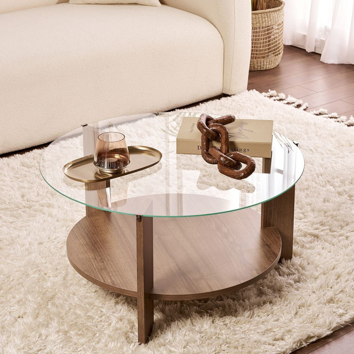 Cairo Coffee Table Round Ø75 cm Walnut - Glass 75x75x40 cm