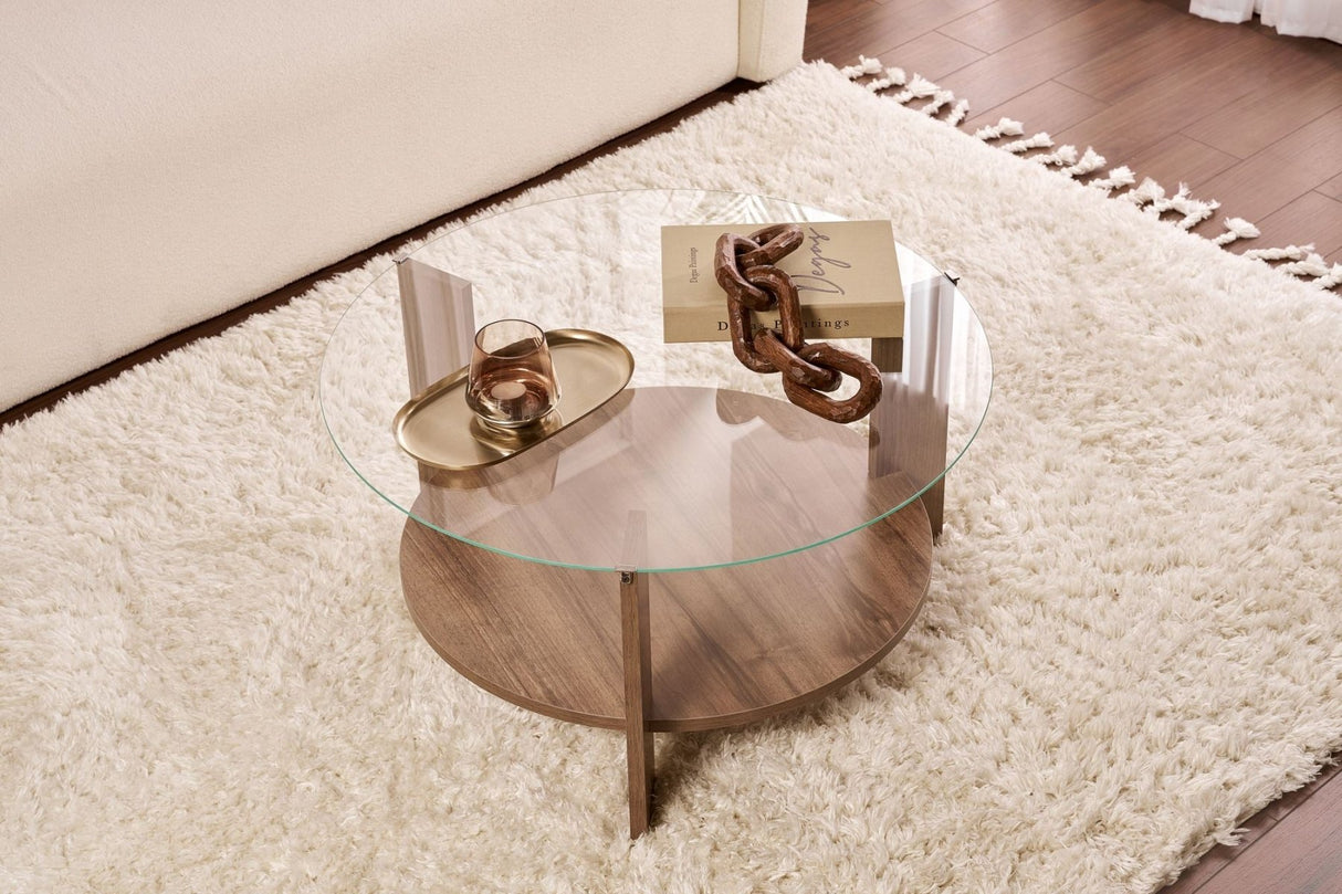 Cairo Coffee Table Round Ø75 cm Walnut - Glass 75x75x40 cm