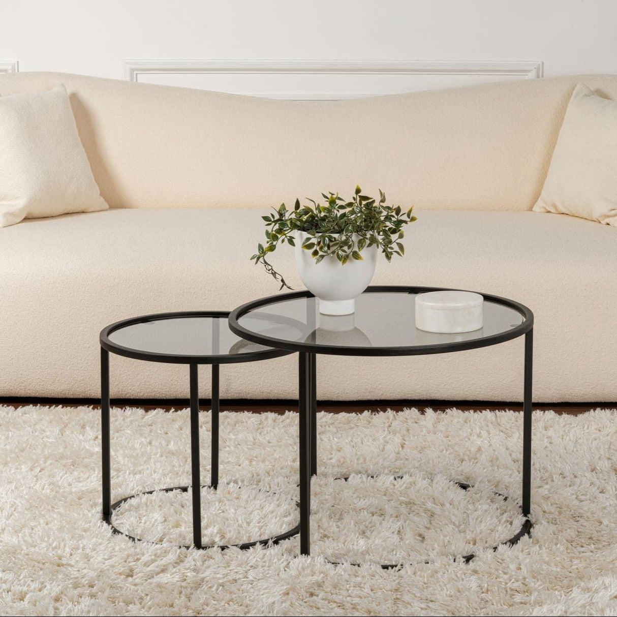 Coffee table set of 2 Round Glass - Black Frame - 60, 42 cm