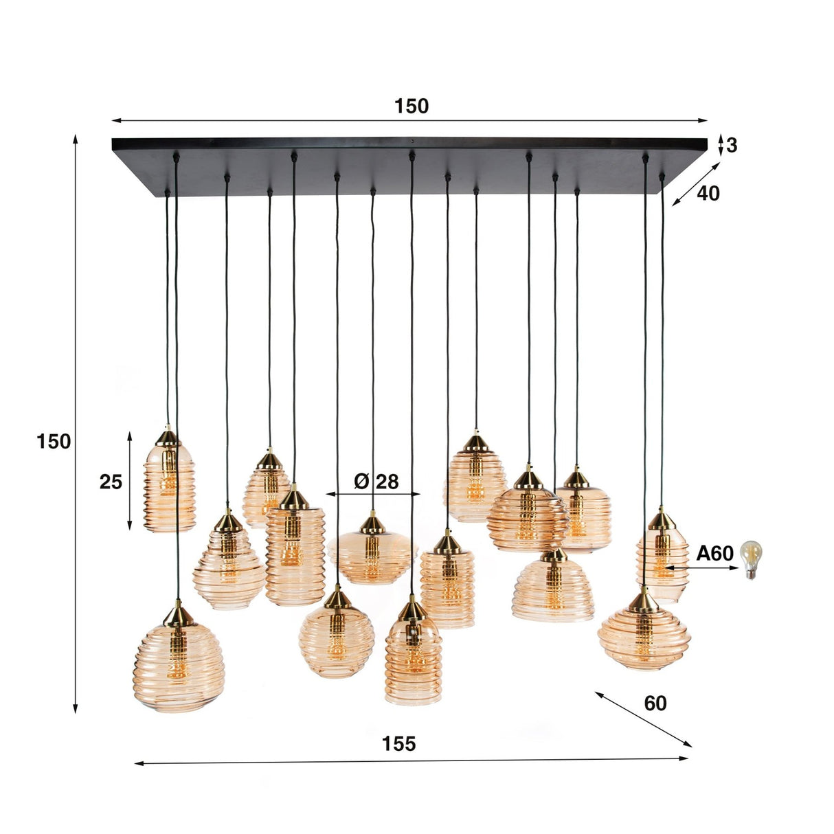 Mali pendant lamp 15-light ribbed glass amber color