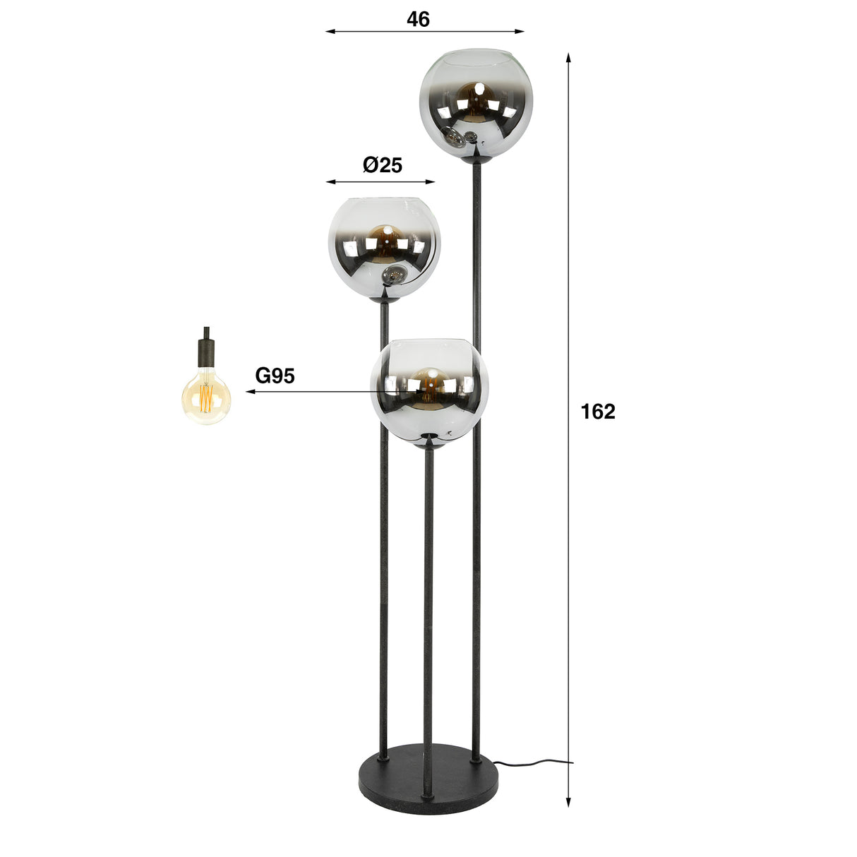 Floor lamp Nova 3-light black with metal shade