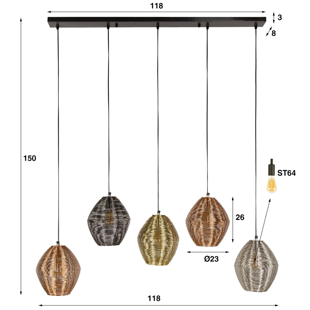 Wez pendant lamp 5-light colored nickel