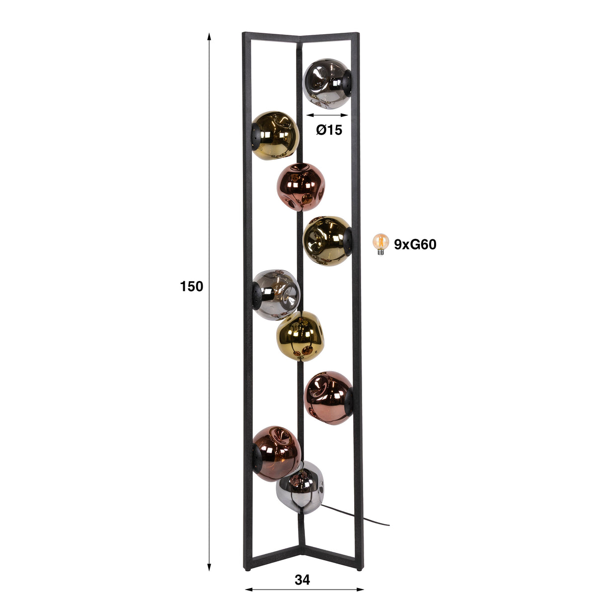 Industriële Vloerlamp Ada 9-lichts Gekleurd Glas Hoek